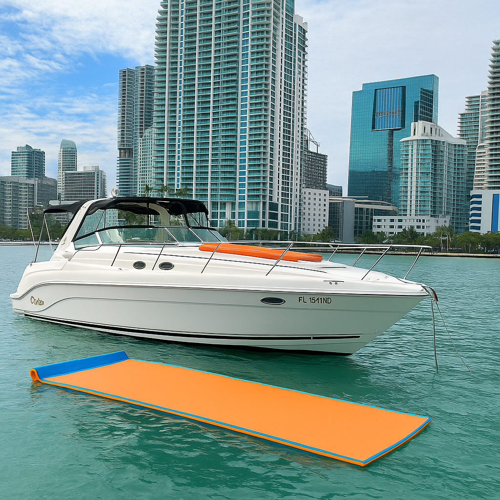 Boat with float mat on Miami bay