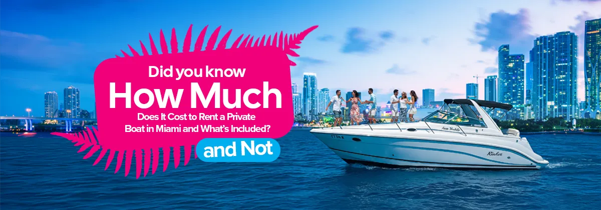 Group on a boat in Miami waters at dusk with city skyline and text about boat rentals.