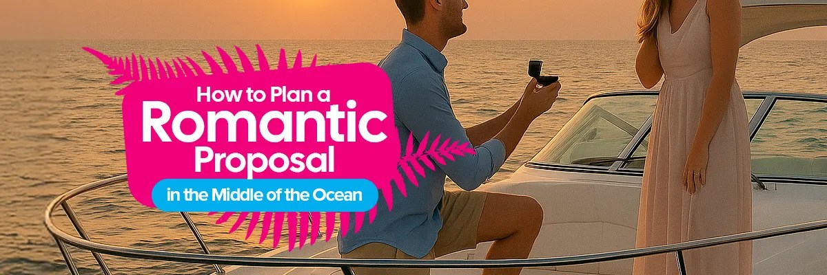 Man proposing on a boat at sunset with romantic text overlay.