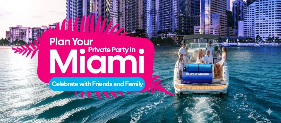 People on a boat in Miami with text promoting private parties with city skyline in background.