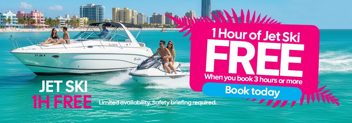 Boat and jet ski on clear water, promo for 1 hour free jet ski with 3-hour booking, tropical cityscape in background.
