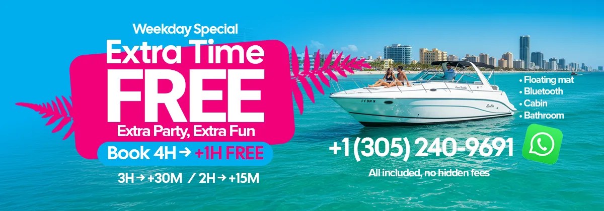Advertisement for boat rental with free extra time offer and contact number, boat on blue water.